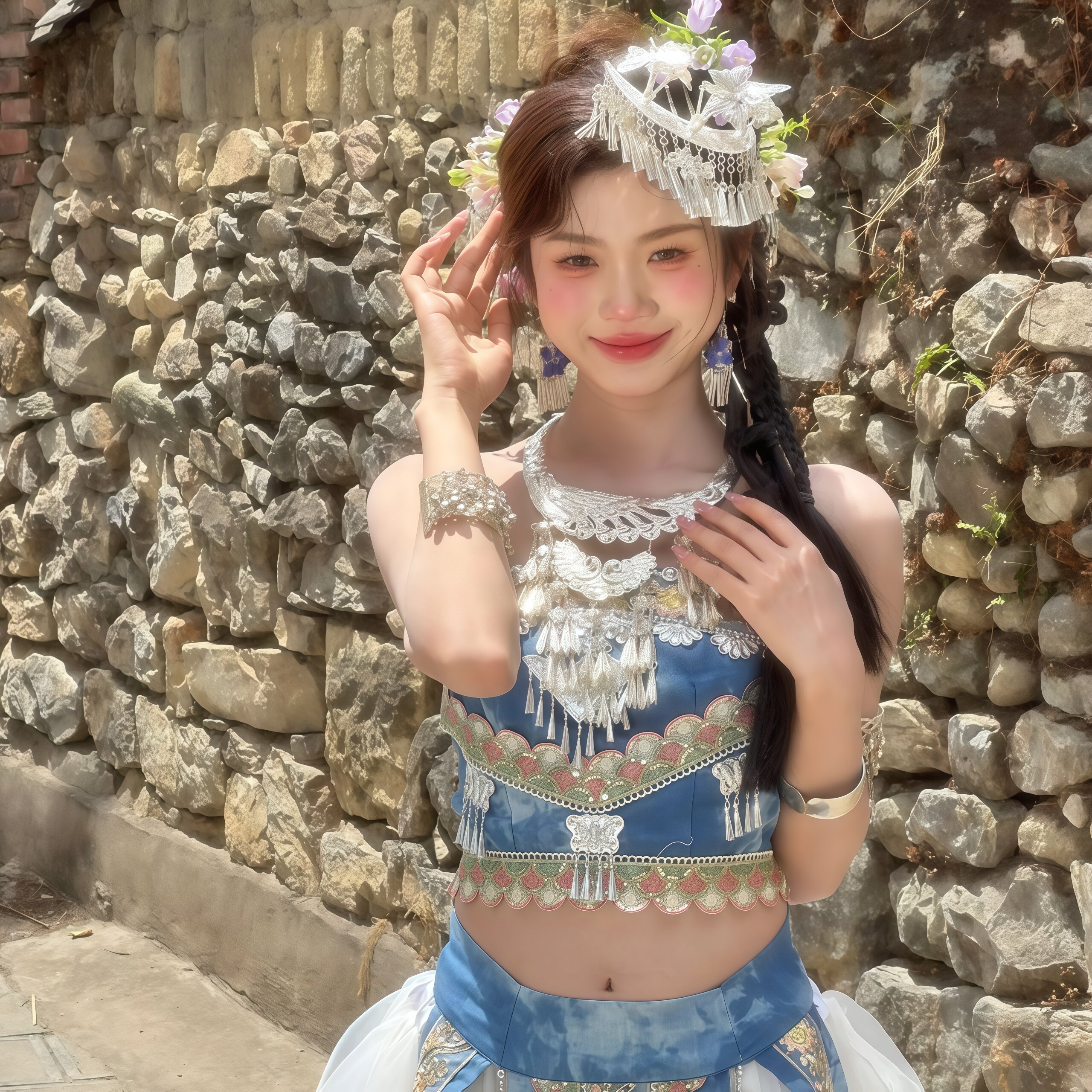 新款苗疆少女少数民族民族服清新蓝色抹胸上衣飘逸白纱大裙摆舞服