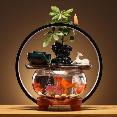 陶瓷创意循环流水摆件客厅玻璃金鱼缸桌面家用招财迷你办公室水景