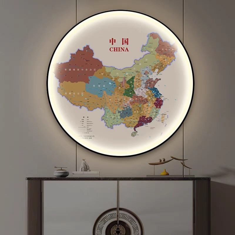 中国世界地图办公室玄关书房圆形装饰画客厅过道会议室灯画挂画图片