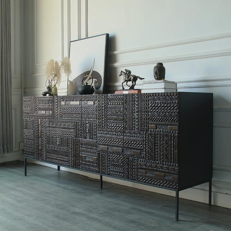 北欧比利时表情家俱餐柜印尼进口雕花实木柚木电视柜轻奢玄关柜