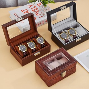 机械PU手表简约三位皮质表盒家用高档玻璃透明机械展示盒