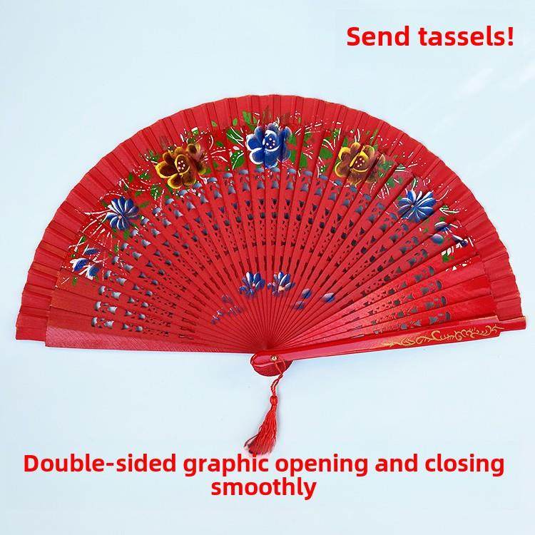 旗袍t台西班牙扇双面舞蹈纯手绘工艺木扇中式缅甸女折扇