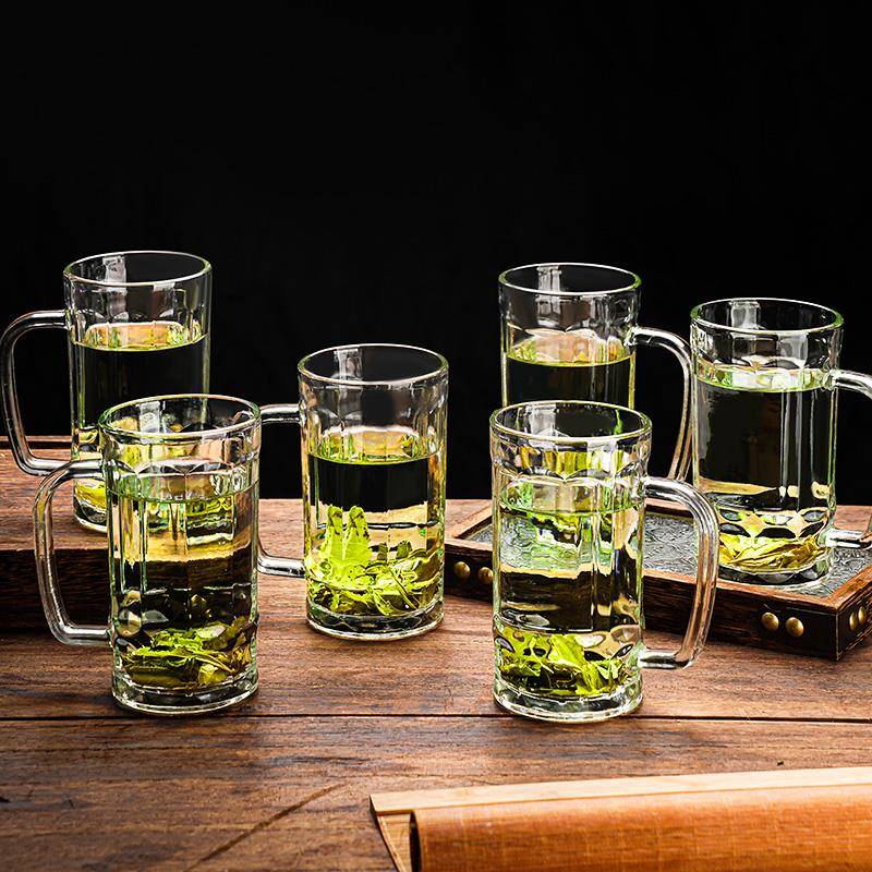 整件茶楼专用茶杯玻璃两用水杯家用啤酒杯子带把高端茶杯玻璃茶杯