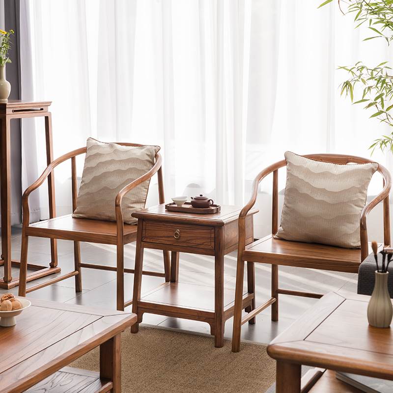 溪木工坊新中式实木矮靠背圈椅书房书桌椅榆木太师椅茶椅子三件套