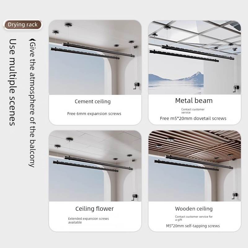 升降机手动晾衣架四杆家用阳台晾衣杆顶装式防风晾衣杆手动晾衣架