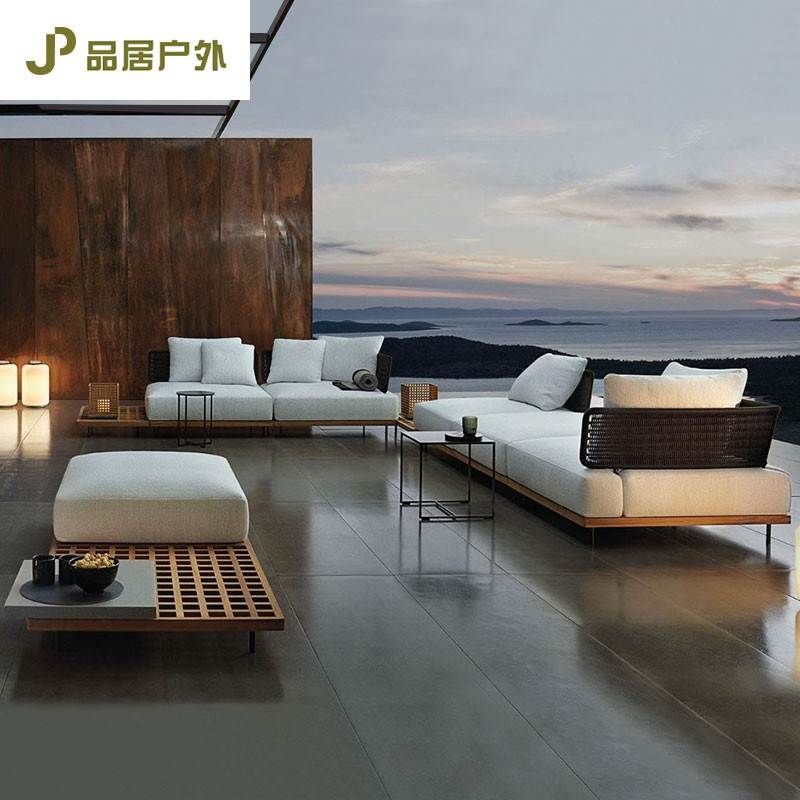 高档别墅庭院家俱休闲 民宿户外室外露台花园藤编柚木沙发茶几