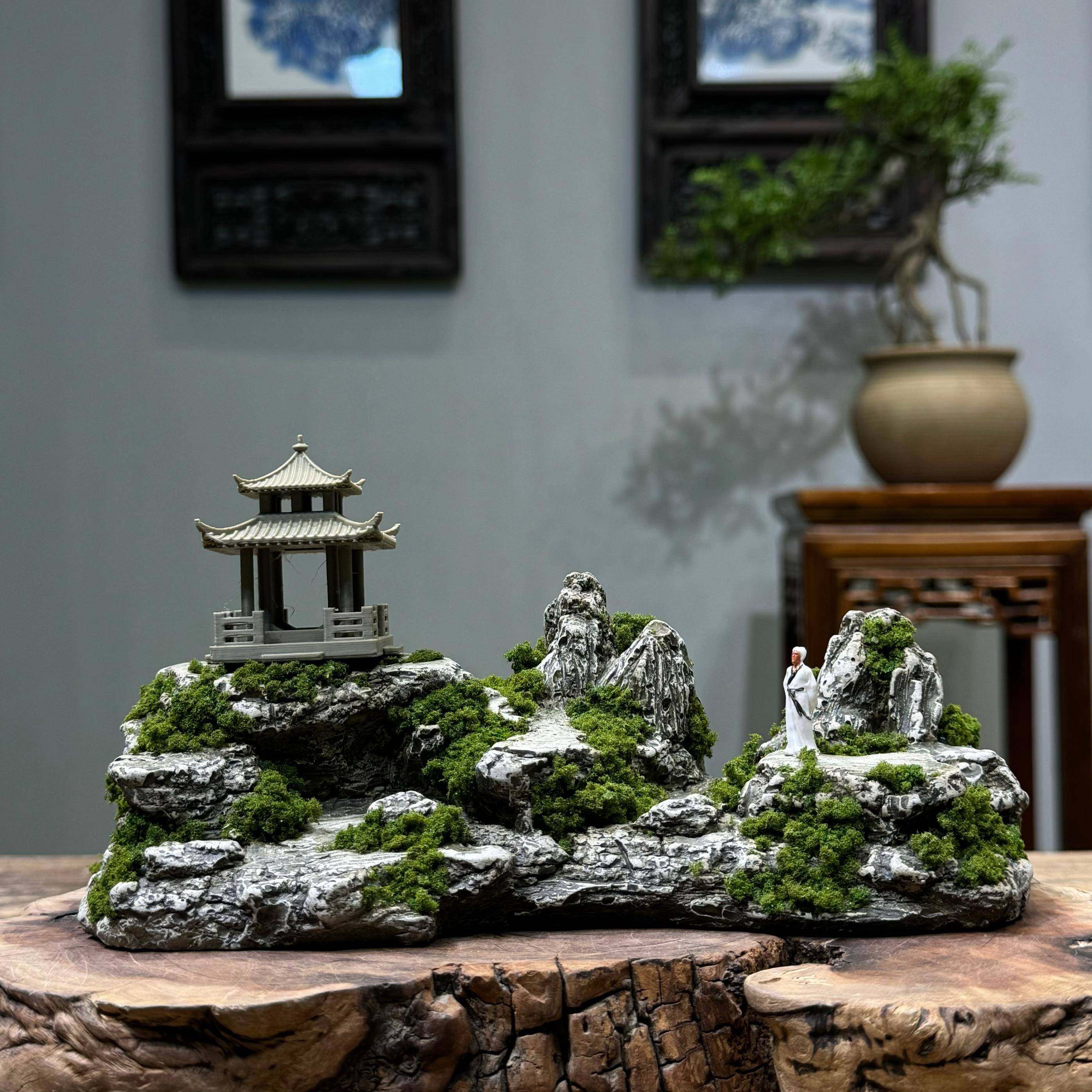 新中式覆古风格春山远望桌面假山庭院博古架书房微景观装饰造景