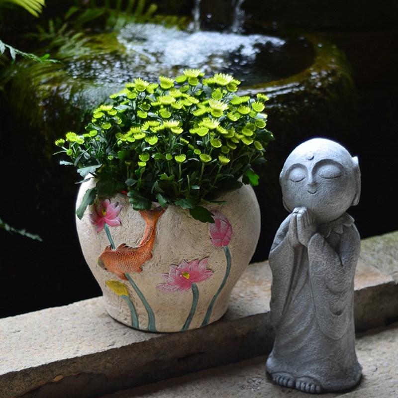 晓院花园新中式圆形花盆年年有鱼庭院摆件家居阳台花器传统装饰品