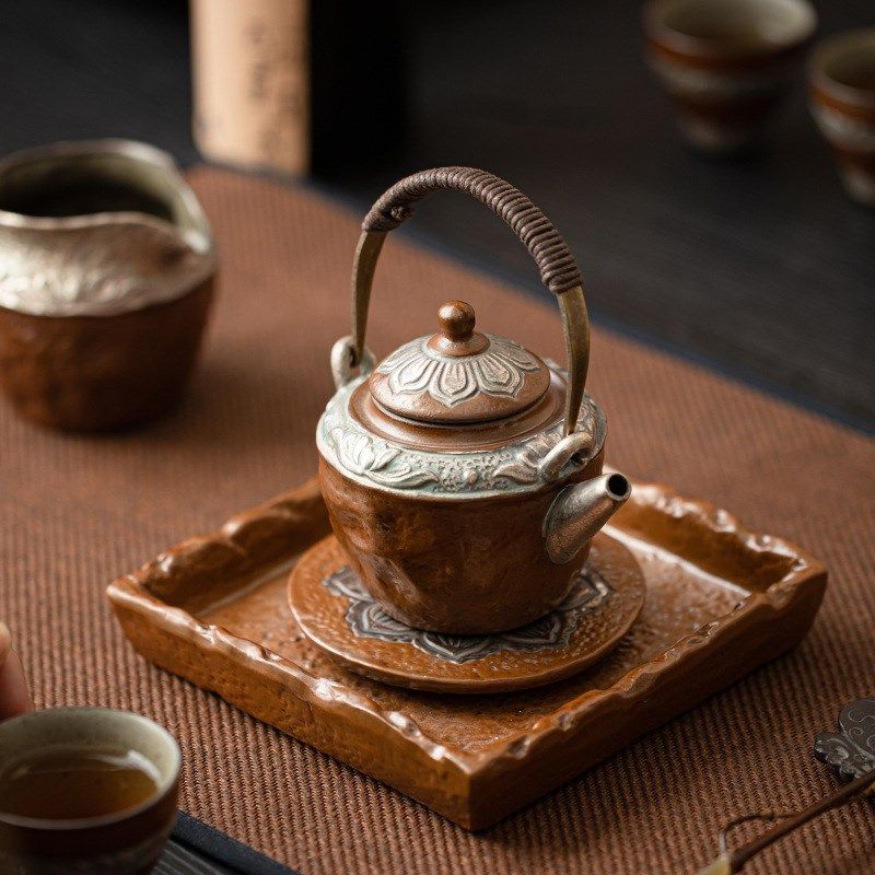 仿古鎏银古莲壶承老岩泥茶具套装家用中式泡茶器提梁茶壶商务礼品