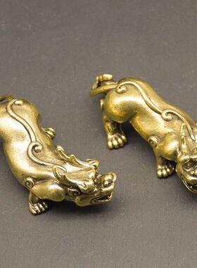 实心纯黄铜一对貔貅茶宠做旧桌面覆古转运貔貅摆件个性手把件
