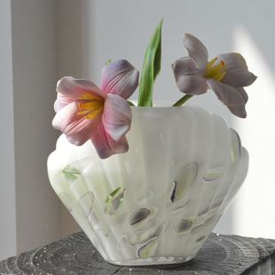 中古风花复古氛围感手工琉璃插花摆件花器家居荷叶边 贝壳法式