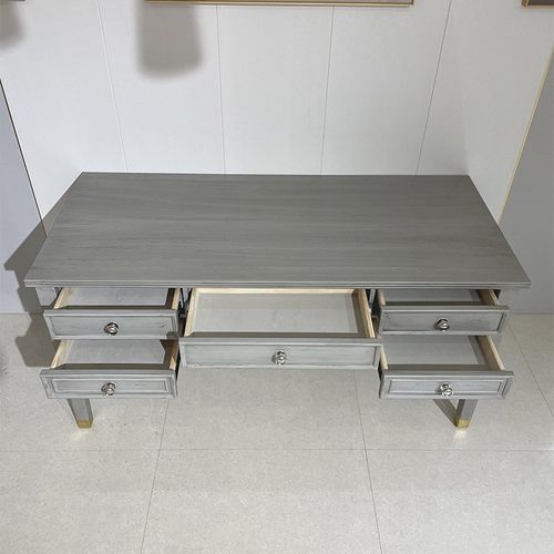 美式白蜡木实木书桌梳妆台一体法式复古灰色做旧电脑写字办公桌