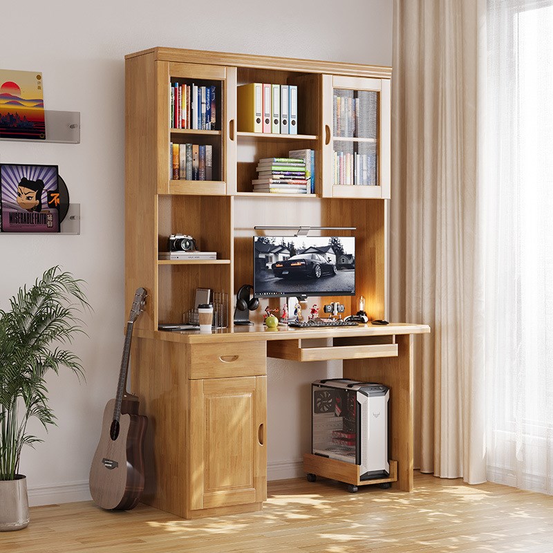 实木转角书桌书架一体组合卧室儿童学习写字桌简约办公学生电脑桌