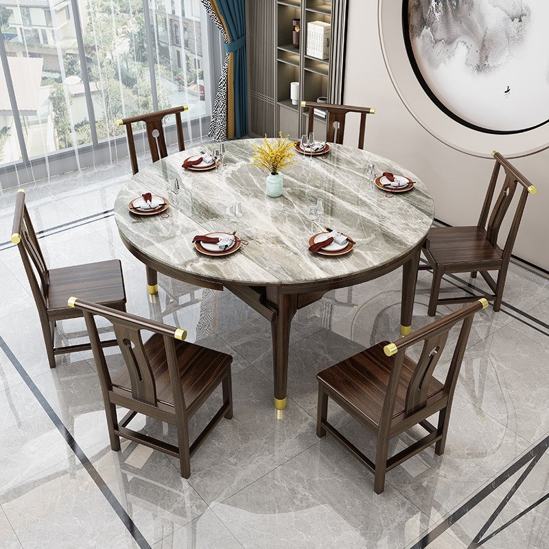 乌金木新中式实木岩板餐桌椅组合伸缩方圆两用餐桌家用可变圆桌