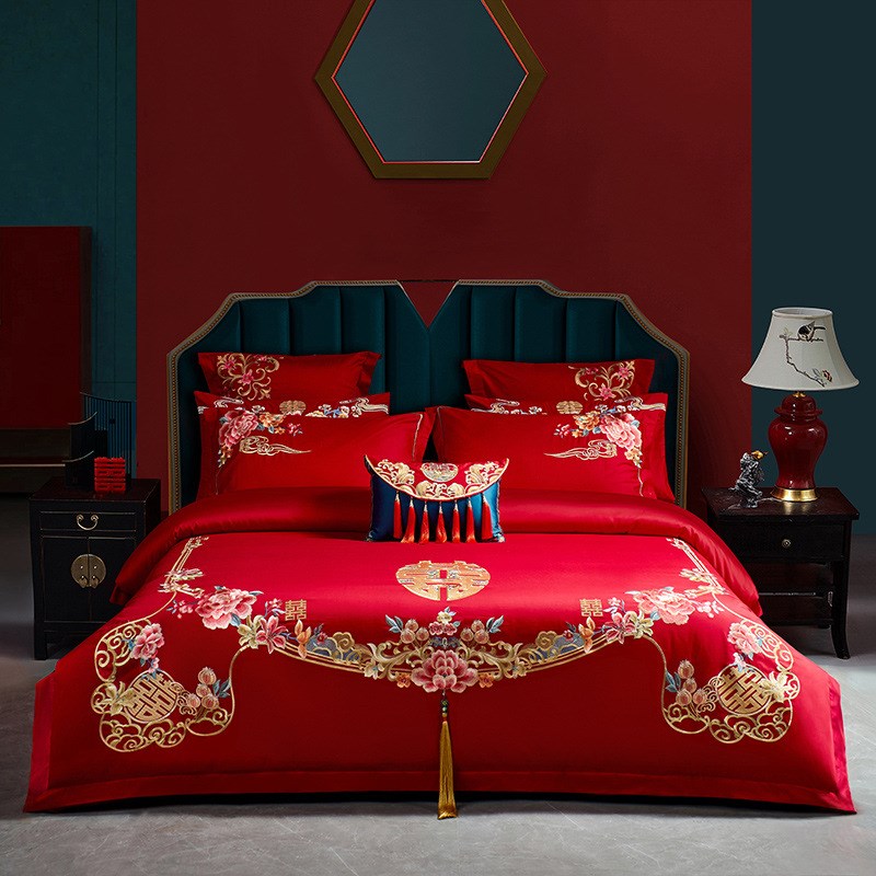 高端中式婚庆100支四件套大红被套刺绣结婚房床上用品六件套