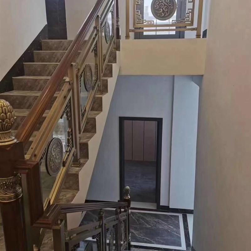 别墅室内楼梯铜扶手旋转护栏铜艺铝艺玻璃装饰复古式定制栏杆围栏