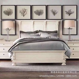 美式 轻奢实木大床复古做旧1.8米主卧公主床简约雕花婚床