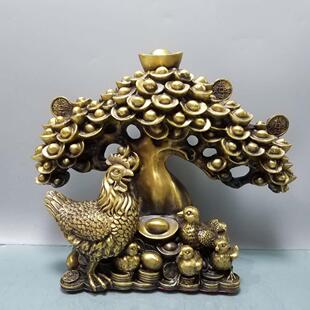 宝树摇钱树摆件家居客厅玄关装 元 饰工艺品黄铜金钱鸡聚宝盆摇钱树