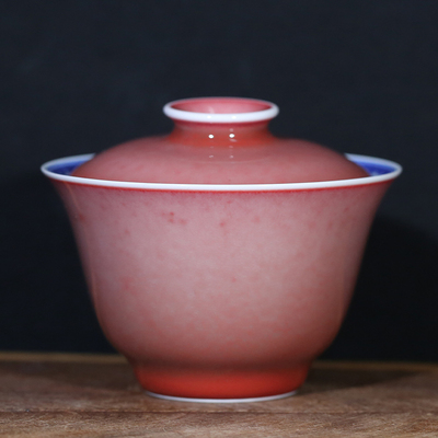 胡旻豇豆红二才中盖碗 景德镇纯手工茶具开片原矿泡茶碗二才杯