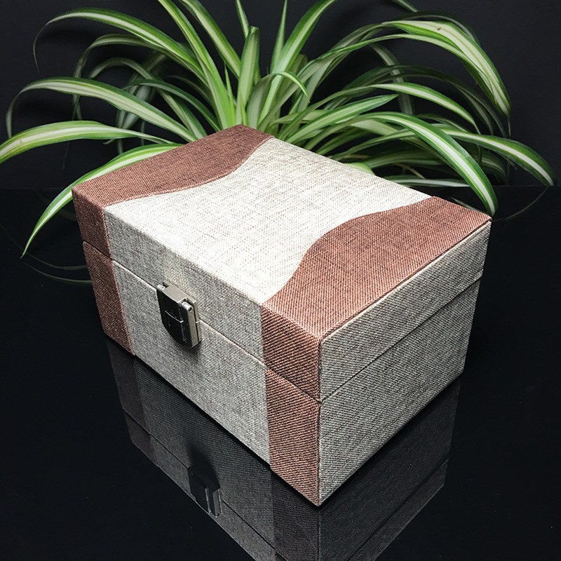 木质锦盒 瓷器文玩收藏盒 把玩摆件包装盒 麻布礼品珠宝盒