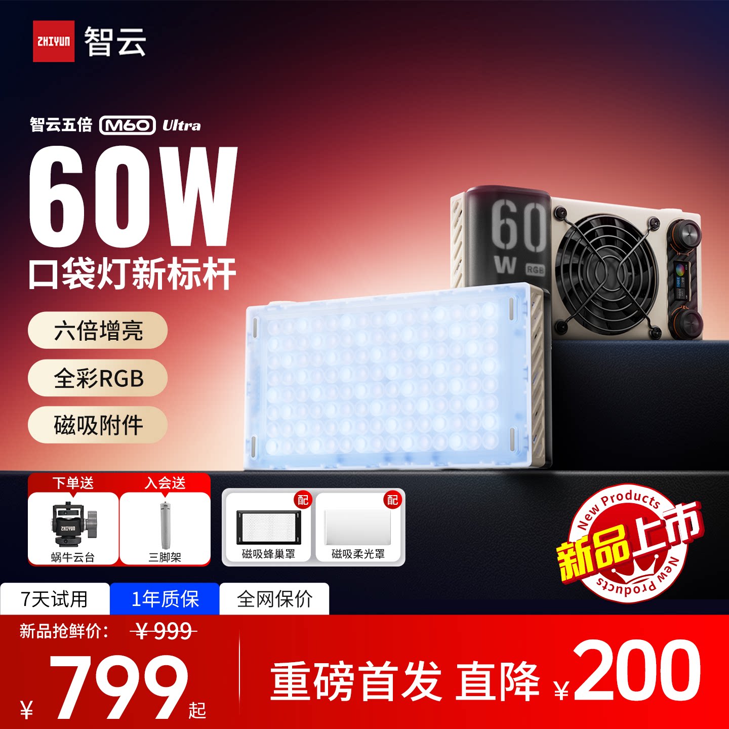 【新品】智云五倍M60 Ultra摄影补光灯便携式led相机拍照人像发丝打光灯直播视频拍摄专用rgb氛围口袋灯