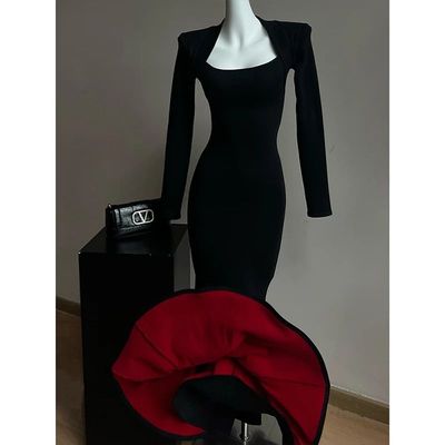 裙长128高个子加大加肥加宽步步生莲黑色红底连衣裙女鱼尾长裙