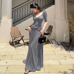 裙长130+高个子加长法式扭结气质高级感灰色U领连衣裙女夏季显瘦