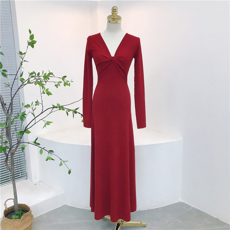 裙长130+高个子女生加长款针织连衣裙新年红色裙圣诞扭结收腰裙