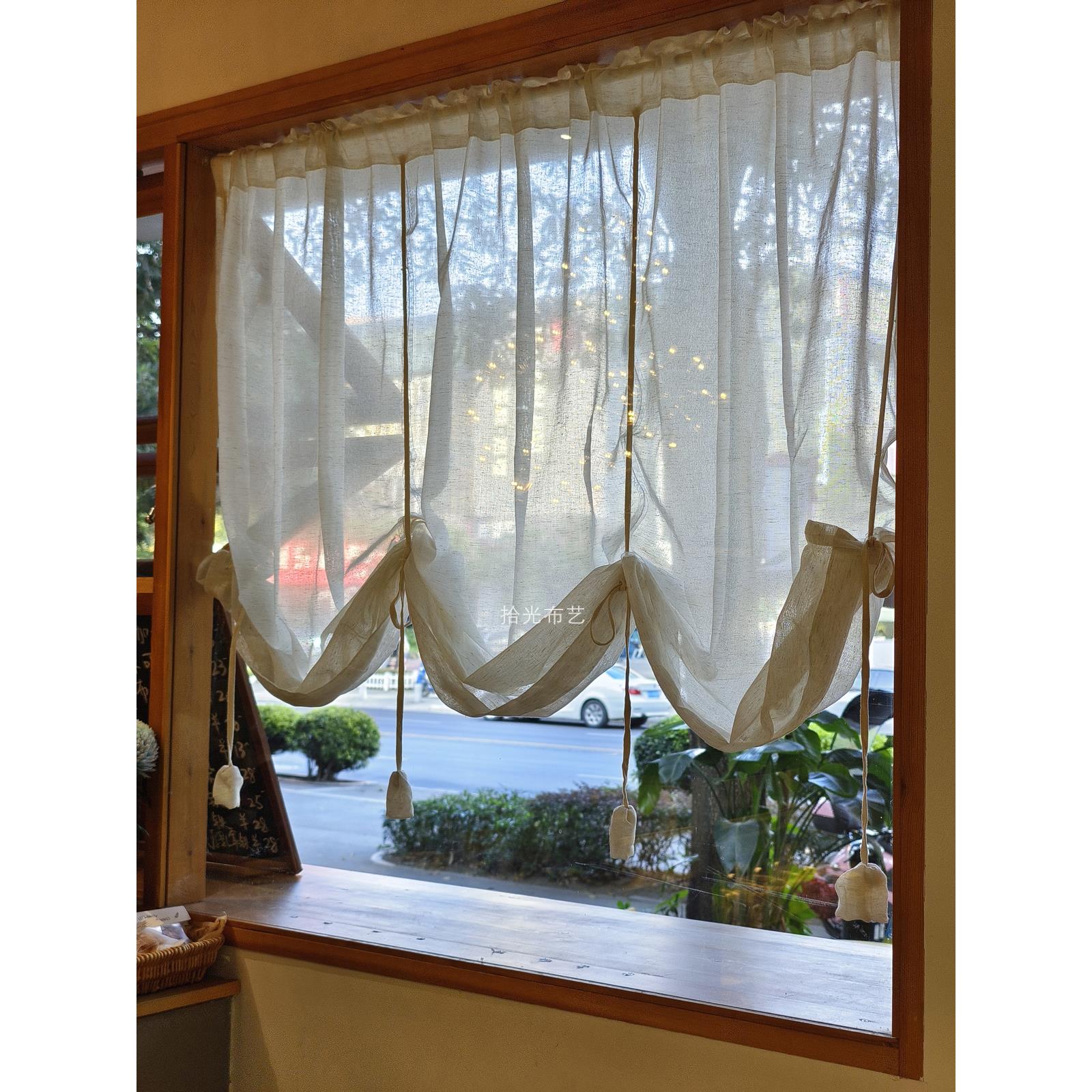 日式亚麻提拉帘弧形拱形门帘覆古罗马帘魔术贴系带半帘升降帘隔断