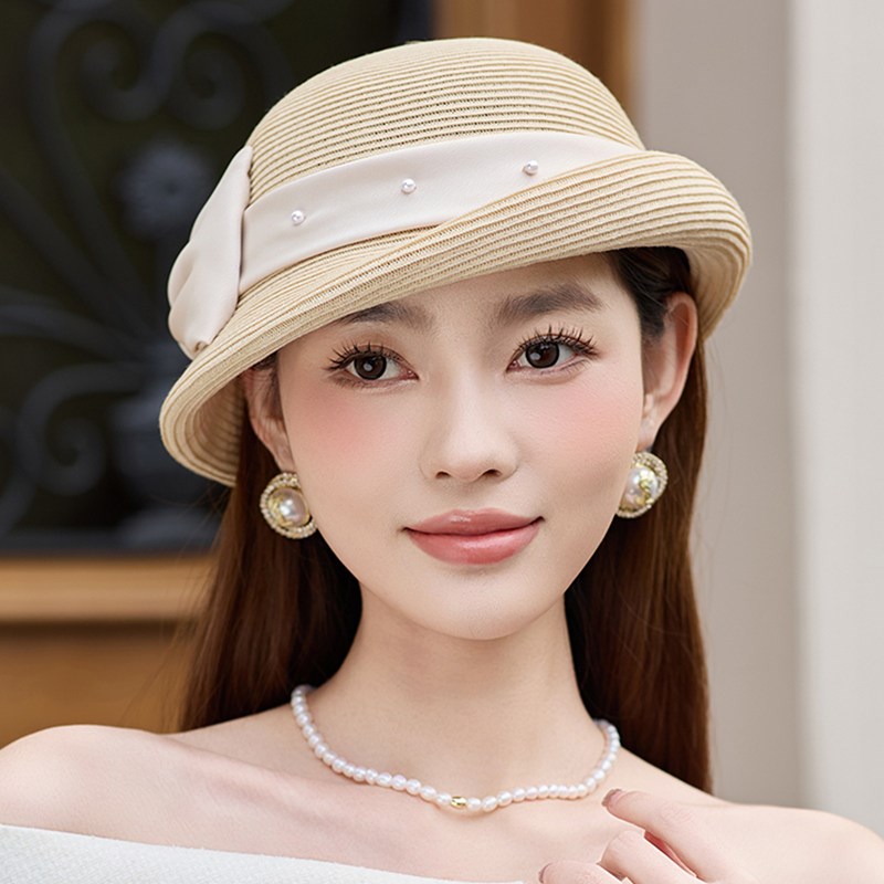 2025新款法式优雅珍珠蝴蝶结贝C雷帽女夏季出游遮阳草帽显脸小英