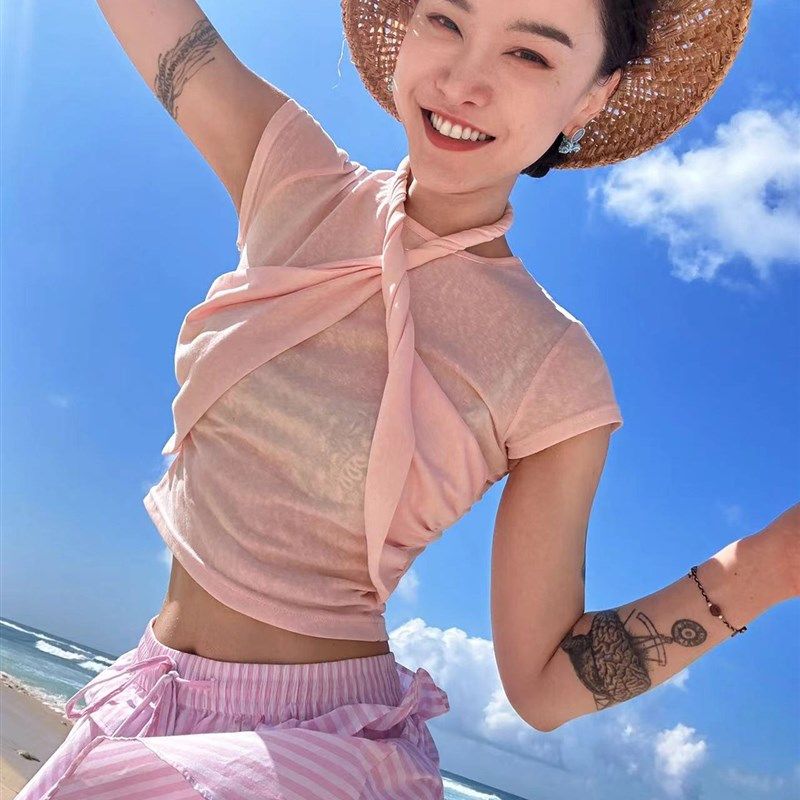 DUO智仙生 粉标白w女美学挂脖粉色淡甜味T恤半袖