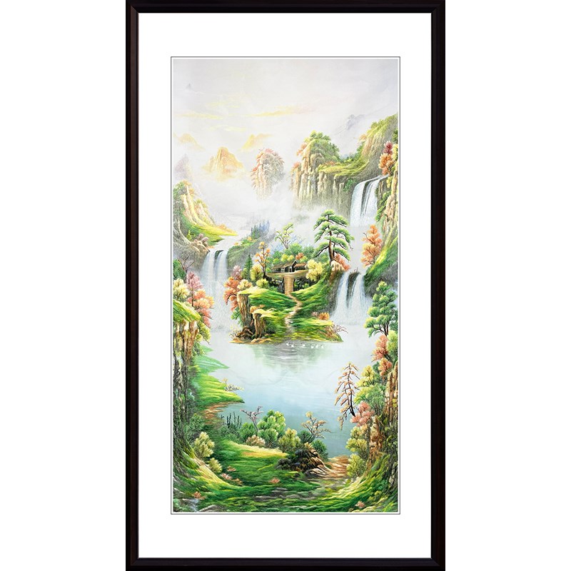 苏绣玄关挂画现代中式山水客厅走廊楼道入户风景纯手工刺绣装饰画图片