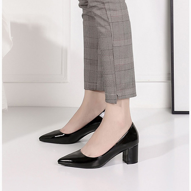 黑色上班高跟f鞋女粗跟尖头5cm漆皮中跟包鞋百搭少女小清新工作鞋