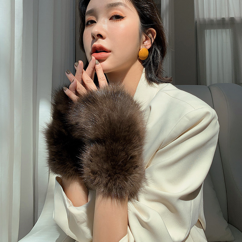 韩国好品质紫貂毛手套冬季女士皮草手F套袖套袖筒皮草半指手套加