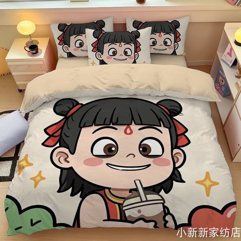 卡通哪吒床上e四件套儿童被套学生被罩印花床品三件套单人被单被