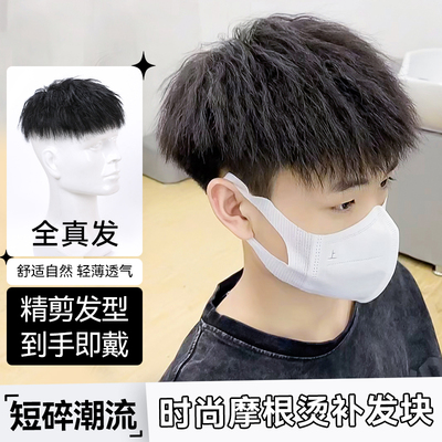 短发假发男式真发全真人发男士假发短卷发L锡纸烫蓬松补头顶发黑