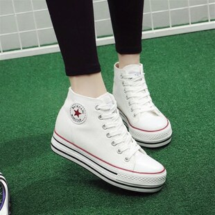 黑色高帮帆布鞋女韩版厚底内增高布鞋20I21春季新款学生白色板鞋