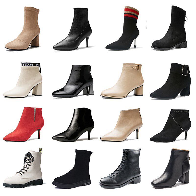 冬季新款短靴f女皮面高跟中跟尖头靴粗跟踝靴绒面马丁靴女时尚单