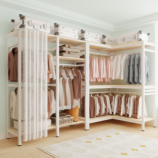 转角衣柜家用卧室现代简约开放式 金属钢木组合衣 衣帽间简M易组装