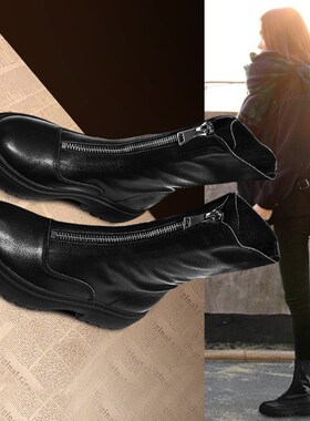 马丁靴女2020新款秋季英伦风厚底前拉链百L搭网红瘦瘦靴黑色小短