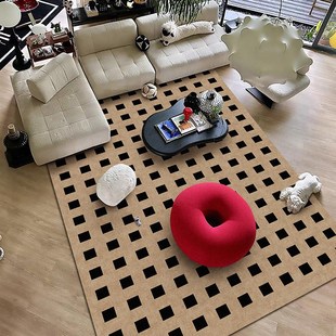地毯客厅侘寂风防水防油轻奢家用卧室高级现代简约棋盘格加厚 法式