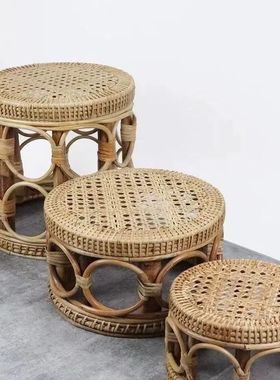 云南德宏傣族手工藤编坐墩休闲藤凳小墩子家具坐凳矮凳编织圆凳