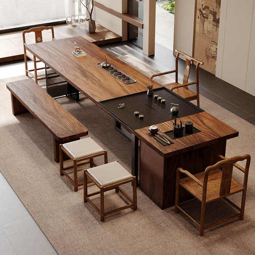 南美胡桃木大板茶桌带乌金石茶盘一体茶台新中式茶桌实木功夫茶几