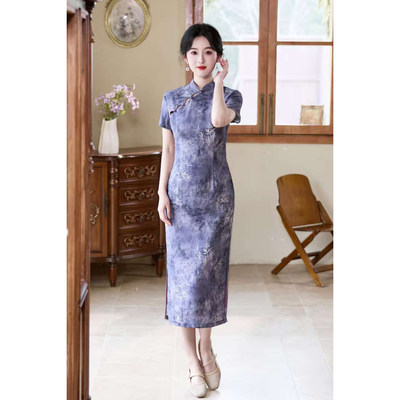 春款新中式紫色改良旗袍女2026新款年轻款短袖长款高开衩优雅气质