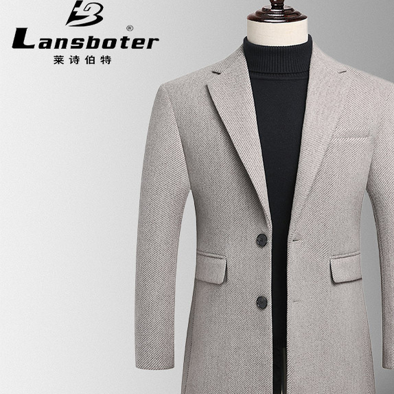 秋冬新款斜纹羊毛呢大衣男修身中长款羊毛风衣男加厚羊毛大衣