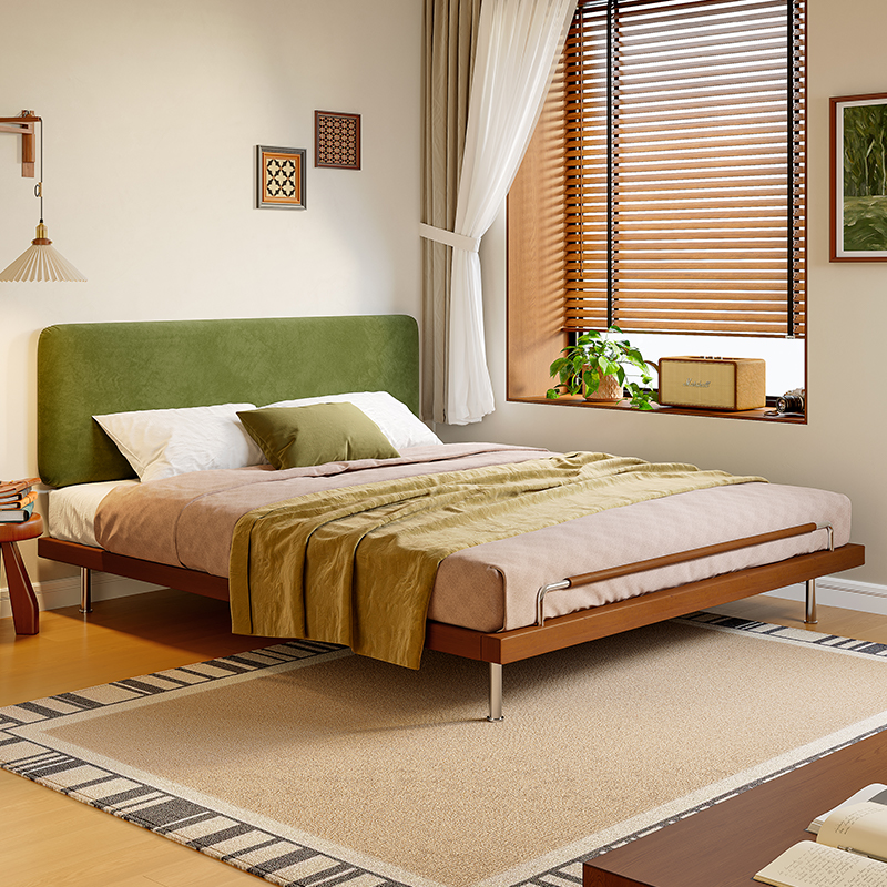 中古风实木布艺床2025新款齐边床