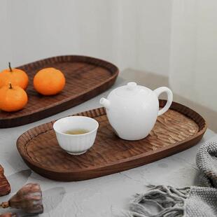 木之恋｜日式手作黑胡桃木樱桃实木整木手工雕刻茶盘托 托盘家用