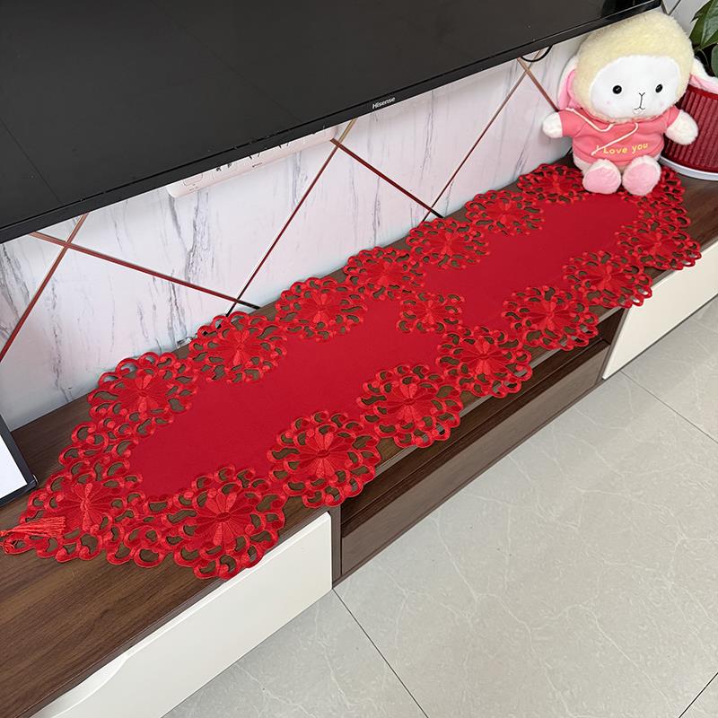 大红色喜庆婚礼绣花桌旗电视柜旗桌布咖啡桌巾欧式餐桌布防尘罩布