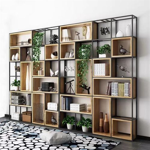 铁艺隔板置物架办公室屏风现代实木书架落地展示架工业风置物架