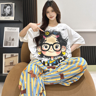 甜美卡通印花短袖 套装 睡衣女夏季 家居服条纹长裤 薄款 韩版